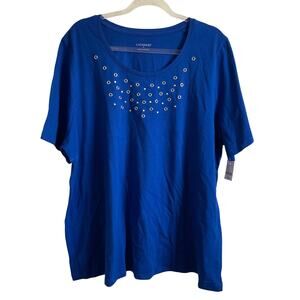 Catherine’s Cotton Blend Blue Grommet Detail Short Sleeve Tee - 1X - NEW